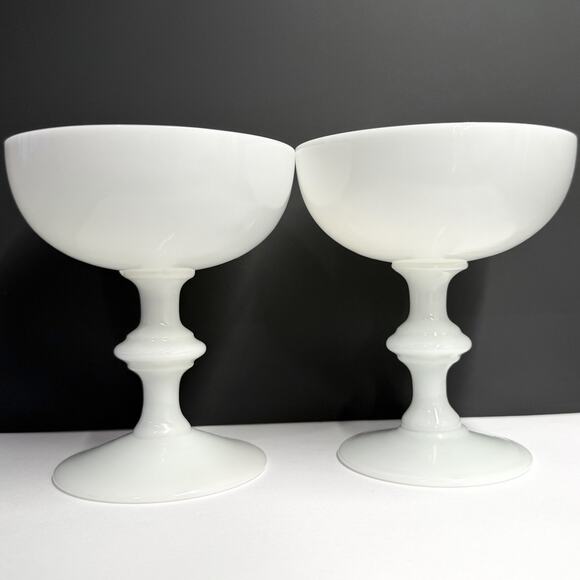 2 Portieux Vallerysthal France White Opaline Champagne Coupe Glasses Goblets VTG - Picture 1 of 6